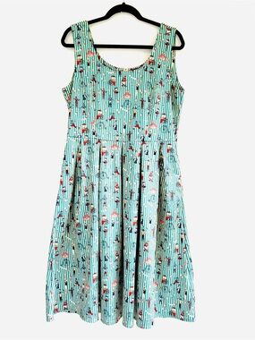 Dolly and Dotty Amanda Green Circus Stripe Flare Dress Sleeveless Pockets 10 EUC